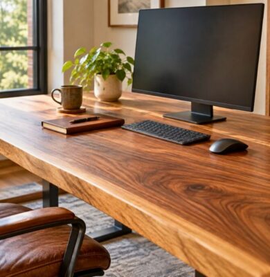 Rich-grained hardwood surface showcasing premium wood for desktops in a home workspace.