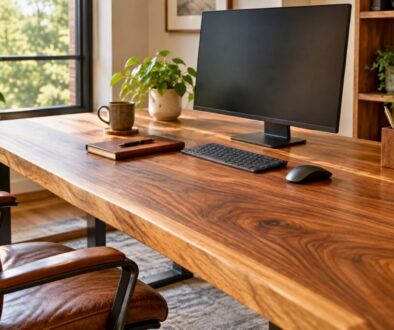 Rich-grained hardwood surface showcasing premium wood for desktops in a home workspace.