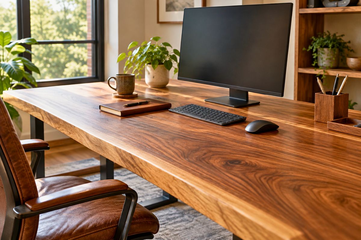 Rich-grained hardwood surface showcasing premium wood for desktops in a home workspace.