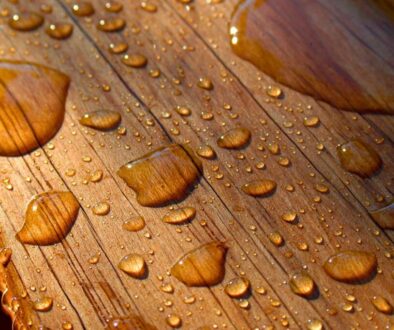Water droplets beading on treated water resistant wood, showing effective moisture protection.