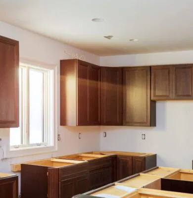 The wood kitchen cabinets are made from durable wood to ensure longevity.