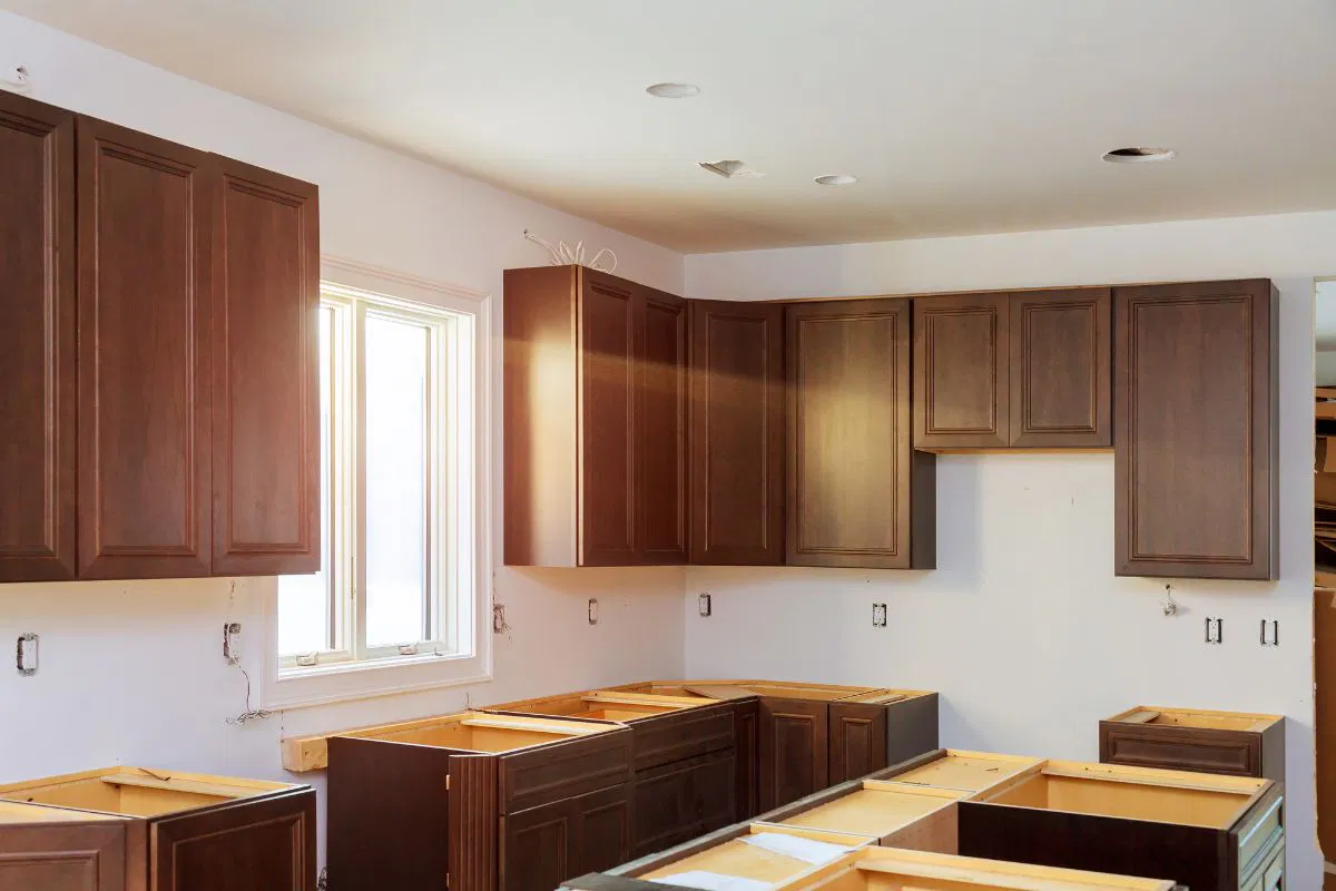 The wood kitchen cabinets are made from durable wood to ensure longevity.