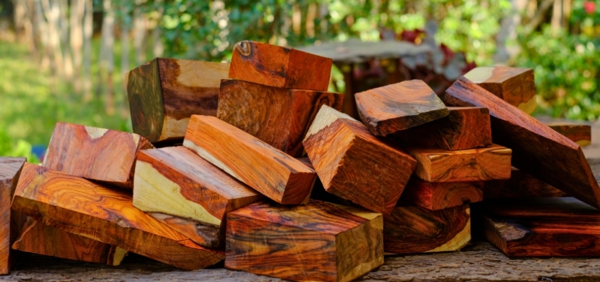 Pile of rare exotic wood blocks with rich colors and patterns, showcasing the most expensive wood