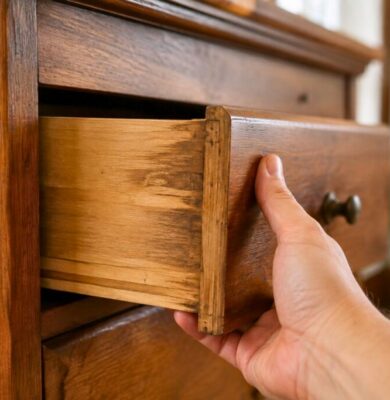 Hand pulling a sticky wooden drawer, highlighting the need for how to make wood drawers slide easier.
