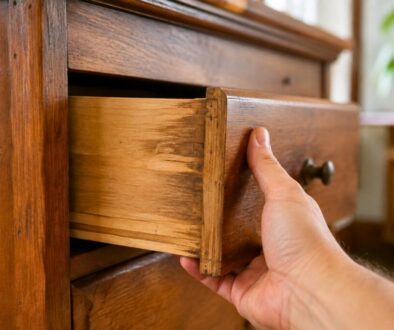 Hand pulling a sticky wooden drawer, highlighting the need for how to make wood drawers slide easier.