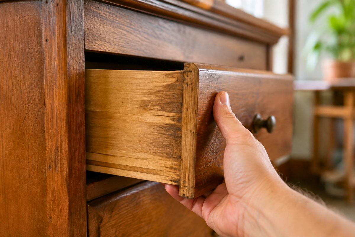 Hand pulling a sticky wooden drawer, highlighting the need for how to make wood drawers slide easier.