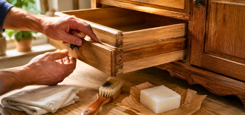 Hands maintaining a wooden drawer with soap and tools for how to make wood drawers slide easier.