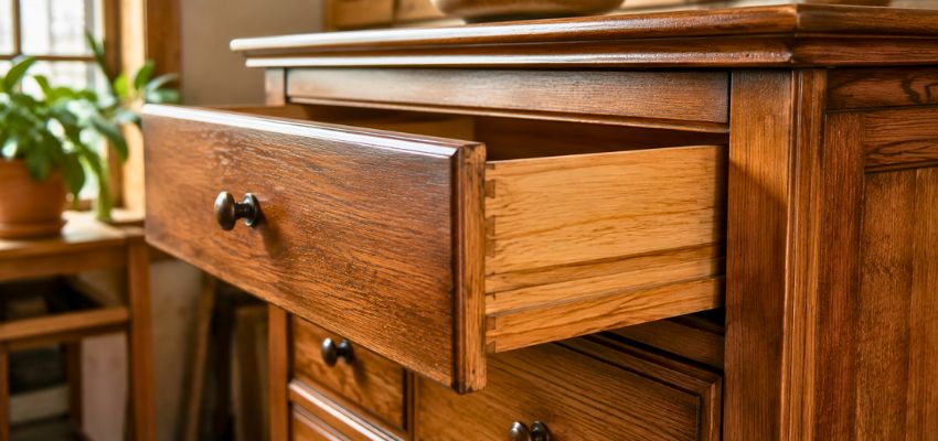 Wooden dresser with a smooth-opening drawer after learning how to make wood drawers slide easier.