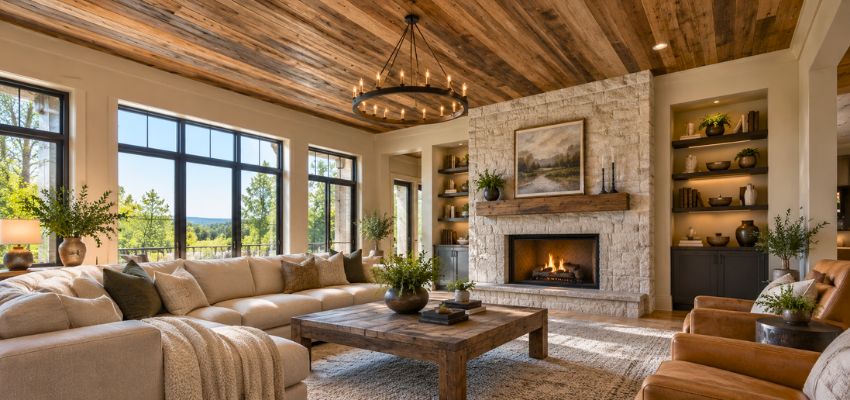 Standard ceiling height in a warm living room with reclaimed wood ceiling