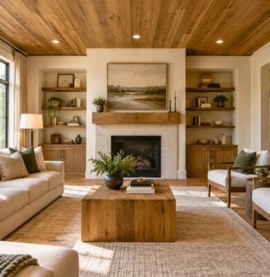 Standard ceiling height shown in a spacious living room with wood ceiling planks