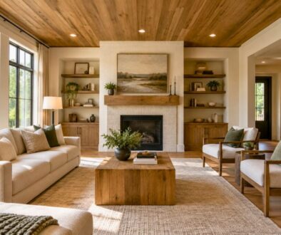 Standard ceiling height shown in a spacious living room with wood ceiling planks