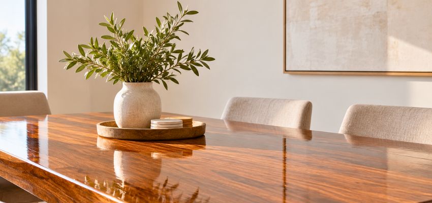 Highly polished wooden dining table with a rich sheen achieved using olive oil on wood.