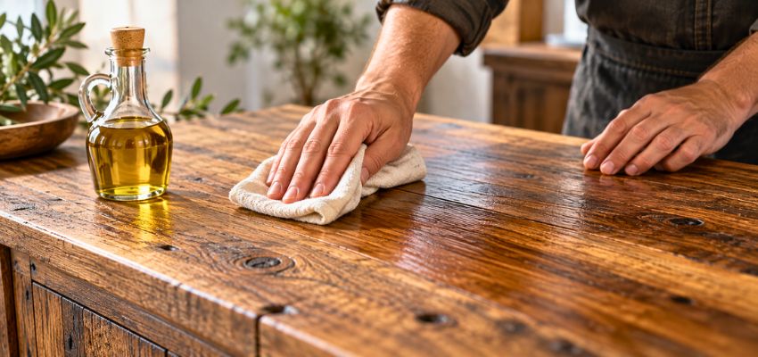 Hands rubbing a cloth to apply olive oil on wood for a natural protective finish.