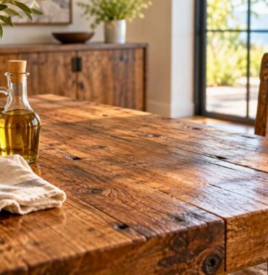 Rustic wooden table with a bottle of oil nearby, showing the warm glow of olive oil on wood.