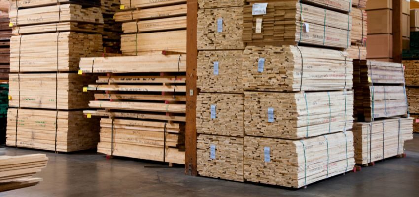 The warehouse has different types of plywood.