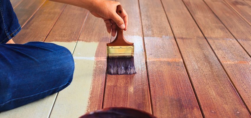 how to paint wood floors (4) Use floor-specific paint, like porch and floor enamel, for scuff and foot traffic resistance.