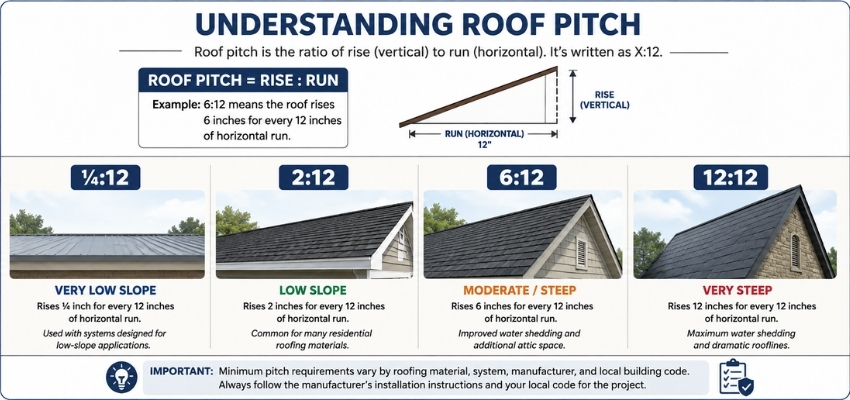 Infographic explaining roof pitch ratios and guidelines for minimum roof pitch requirements.