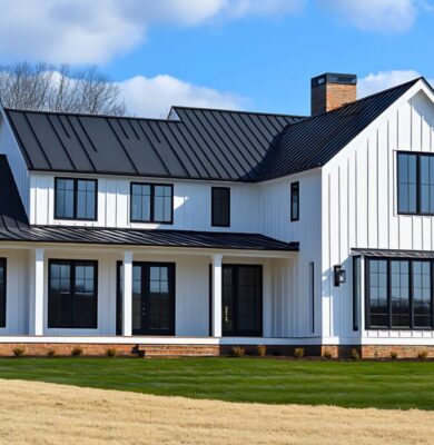 A newly built modern farmhouse.