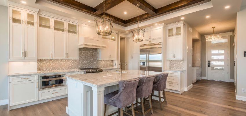 An interior design of a modern farmhouse kitchen.