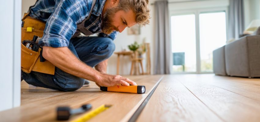 The professional looks for uneven or bouncy floors, sticky doors, and visible wood damage in the crawl space.