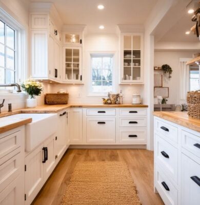 Farmhouse kitchen cabinets in classic white with wood butcher block counters, apron-front sink, black bin pulls, and cozy woven rug runner