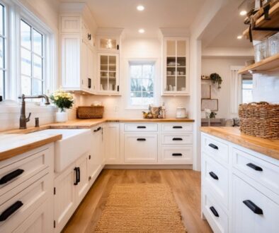 Farmhouse kitchen cabinets in classic white with wood butcher block counters, apron-front sink, black bin pulls, and cozy woven rug runner