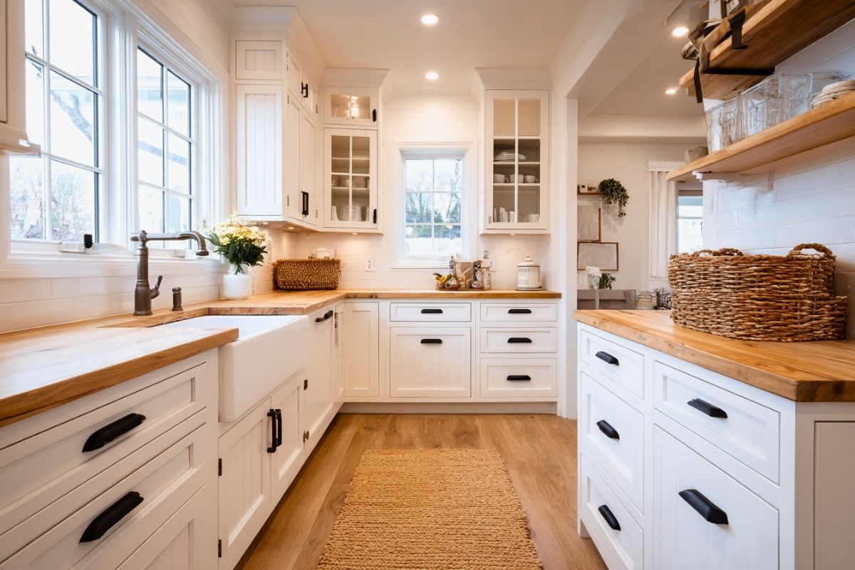 Farmhouse kitchen cabinets in classic white with wood butcher block counters, apron-front sink, black bin pulls, and cozy woven rug runner