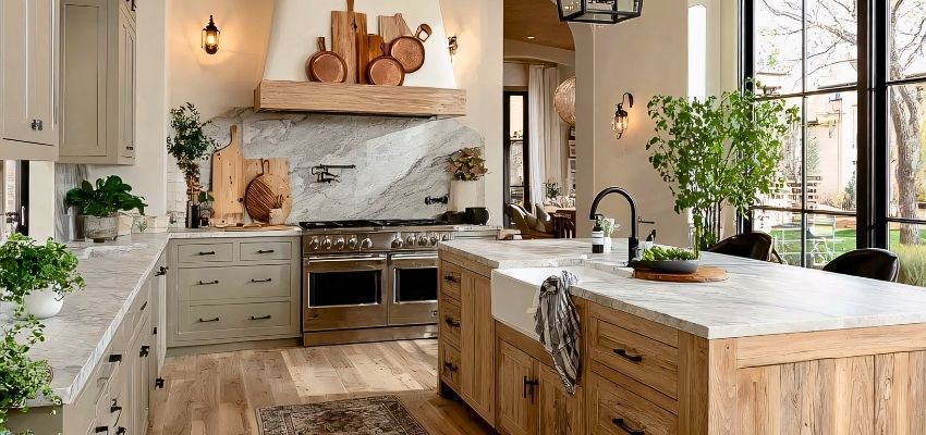 Farmhouse kitchen cabinets in soft neutral tones featuring marble countertops, wood island base, copper pots on hood, and large black-framed windows