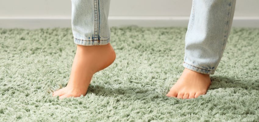 The woman is standing on carpeted flooring.