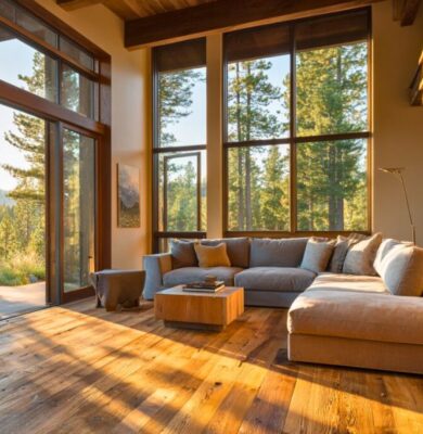 What is fir wood? A stunning open living room with exposed wooden beams, natural wood flooring, and massive windows framing a forest view—fir wood bringing warmth and strength to modern rustic design.