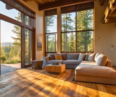 What is fir wood? A stunning open living room with exposed wooden beams, natural wood flooring, and massive windows framing a forest view—fir wood bringing warmth and strength to modern rustic design.
