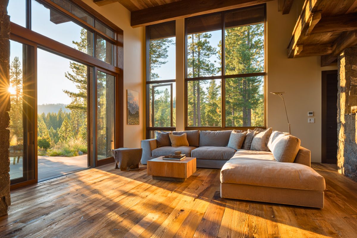 What is fir wood? A stunning open living room with exposed wooden beams, natural wood flooring, and massive windows framing a forest view—fir wood bringing warmth and strength to modern rustic design.
