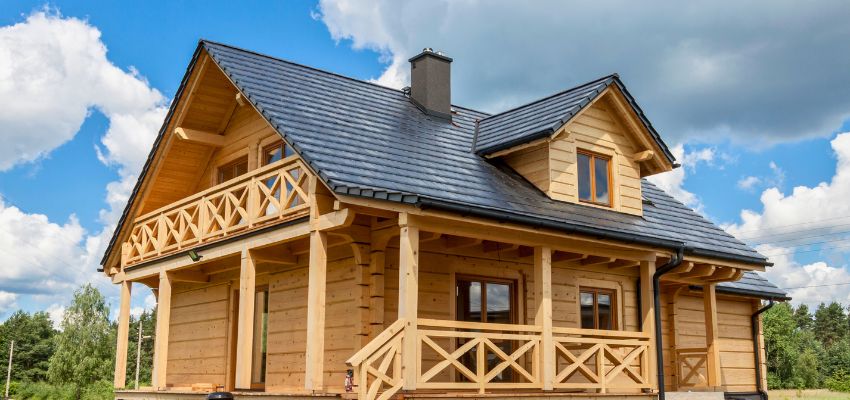 SPF wood used to build a beautiful two-story wooden house with dark roof and large porch