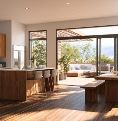 Modern kitchen design showing how composite materials are used, explaining what is composite wood
