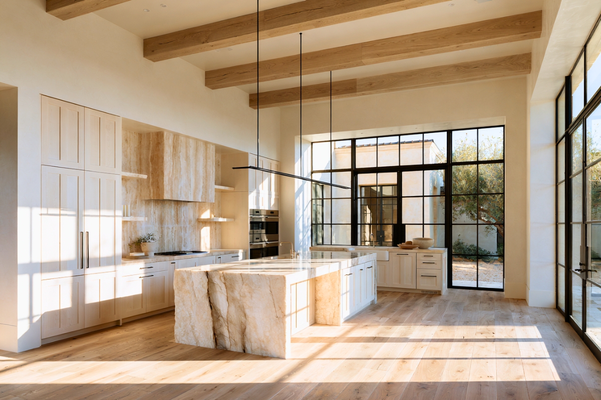 Elegant tuscan style kitchen featuring a large marble island and natural light-filled space