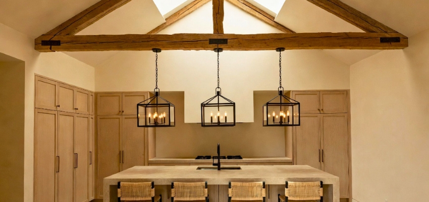 Charming tuscan style kitchen with vaulted ceiling, exposed beams, and pendant lighting