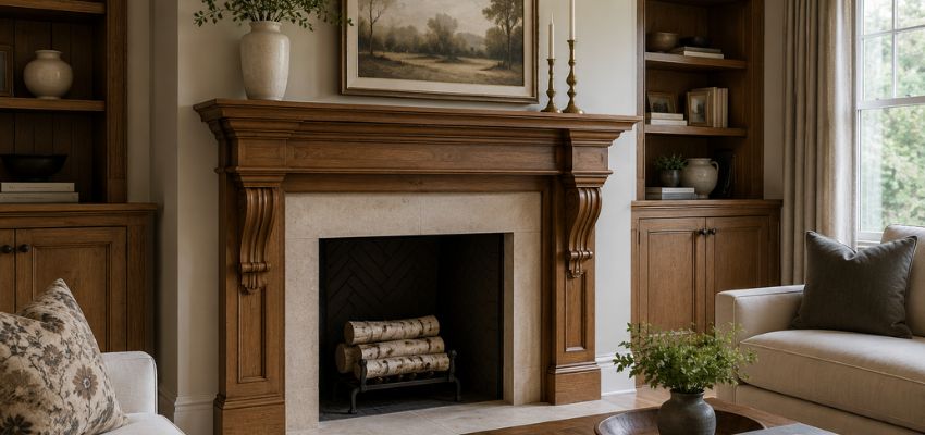 Elegant wooden fireplace mantel featuring classic decorative corbels in a living room.