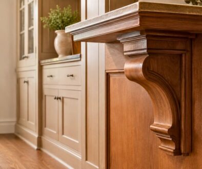 Detailed view of a wooden kitchen island supported by ornate corbels.