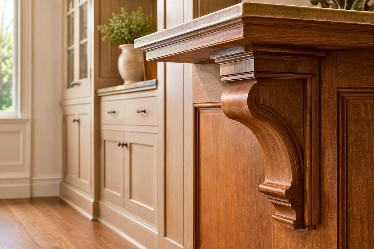 Detailed view of a wooden kitchen island supported by ornate corbels.