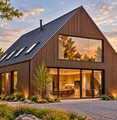 Modern wood-clad home with large glass walls, showcasing contemporary barndominium houses at sunset.