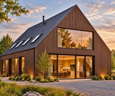 Modern wood-clad home with large glass walls, showcasing contemporary barndominium houses at sunset.