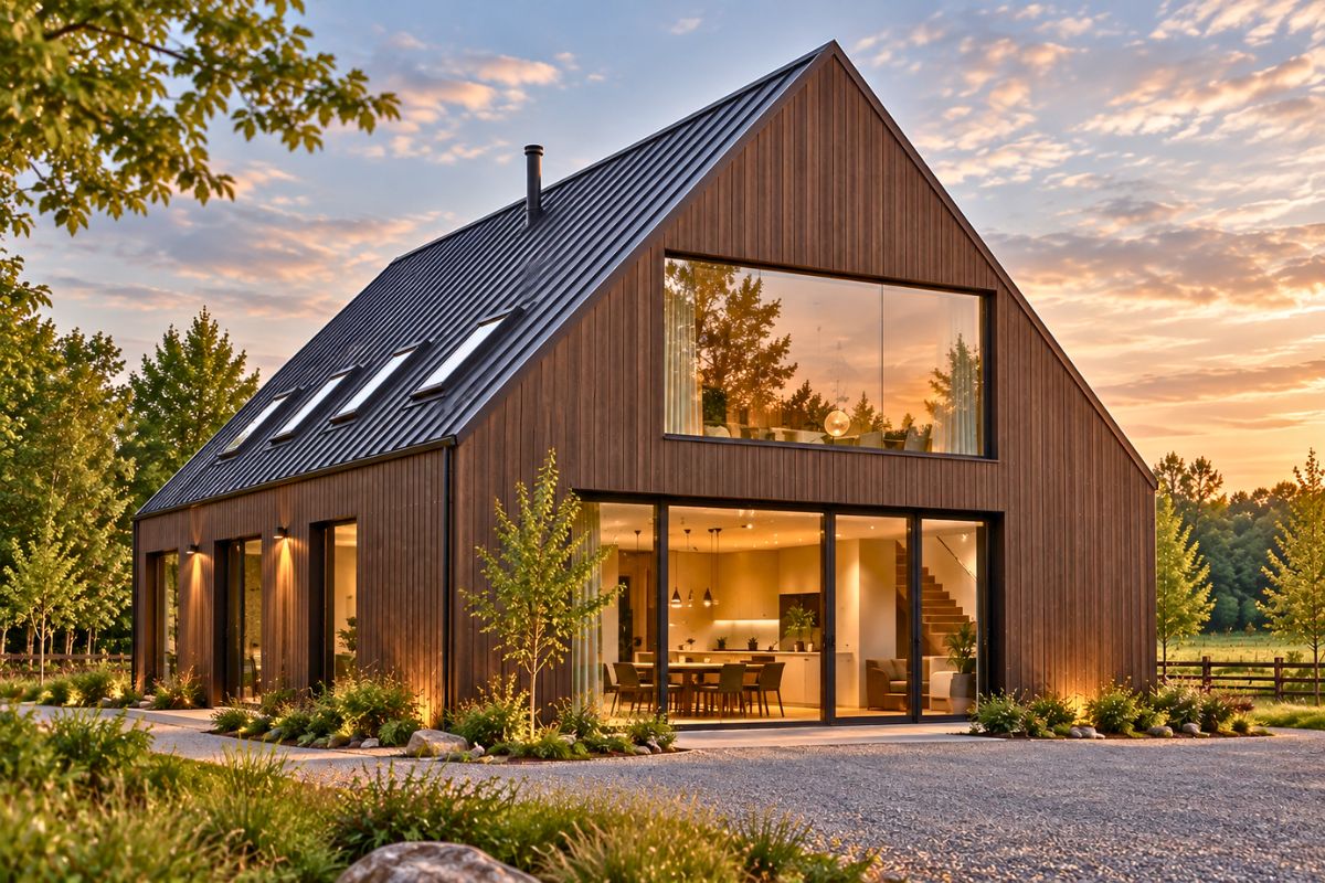 Modern wood-clad home with large glass walls, showcasing contemporary barndominium houses at sunset.