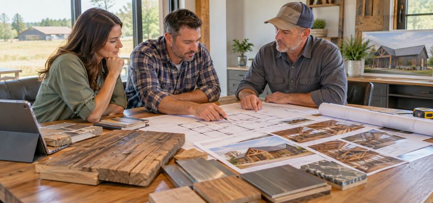 Couple and designer reviewing plans and materials for custom barndominium houses.