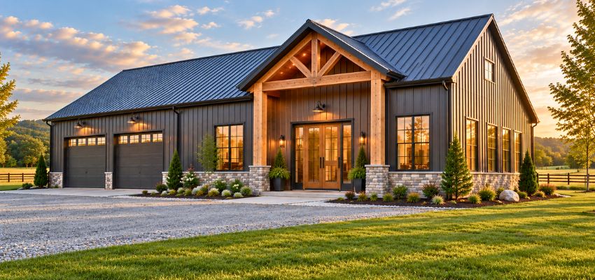 Dark metal-sided residence with timber accents, a popular design among barndominium houses.