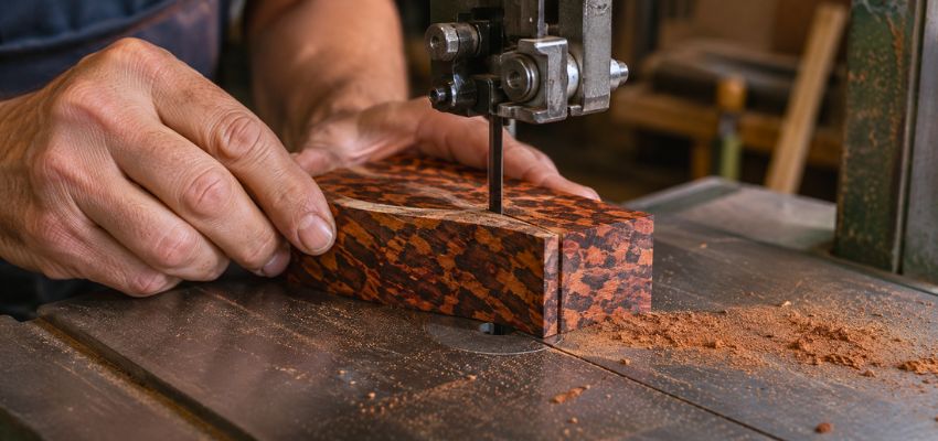 Craftsman cutting a block of snakewood on a bandsaw in the workshop.