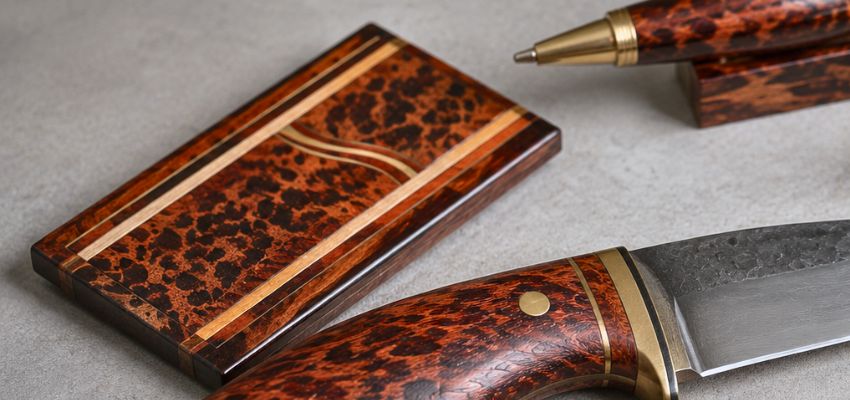 Finished items including a box, pen, and knife handle crafted from snakewood.