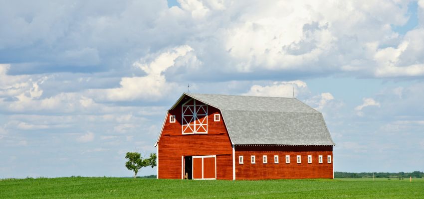 Classic red barn with white accents standing alone, a popular example among types of barns.