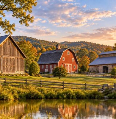 Variety of farm buildings at sunset showcasing different types of barns in a rural landscape.