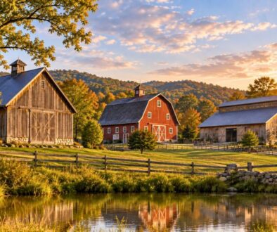 Variety of farm buildings at sunset showcasing different types of barns in a rural landscape.