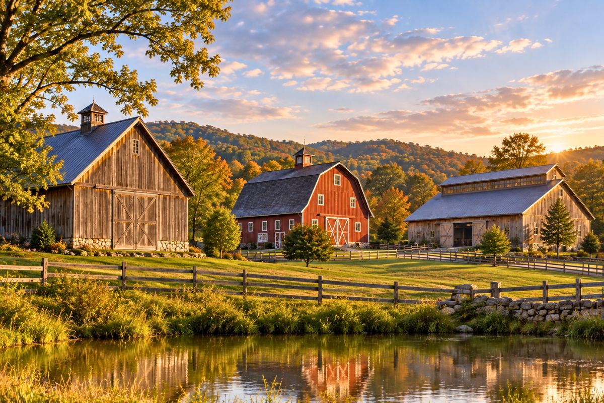Variety of farm buildings at sunset showcasing different types of barns in a rural landscape.